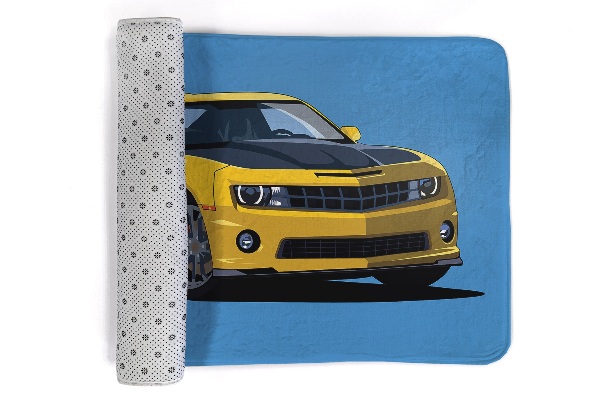 Moderni tepih Žuti sportski automobil na plavoj pozadini